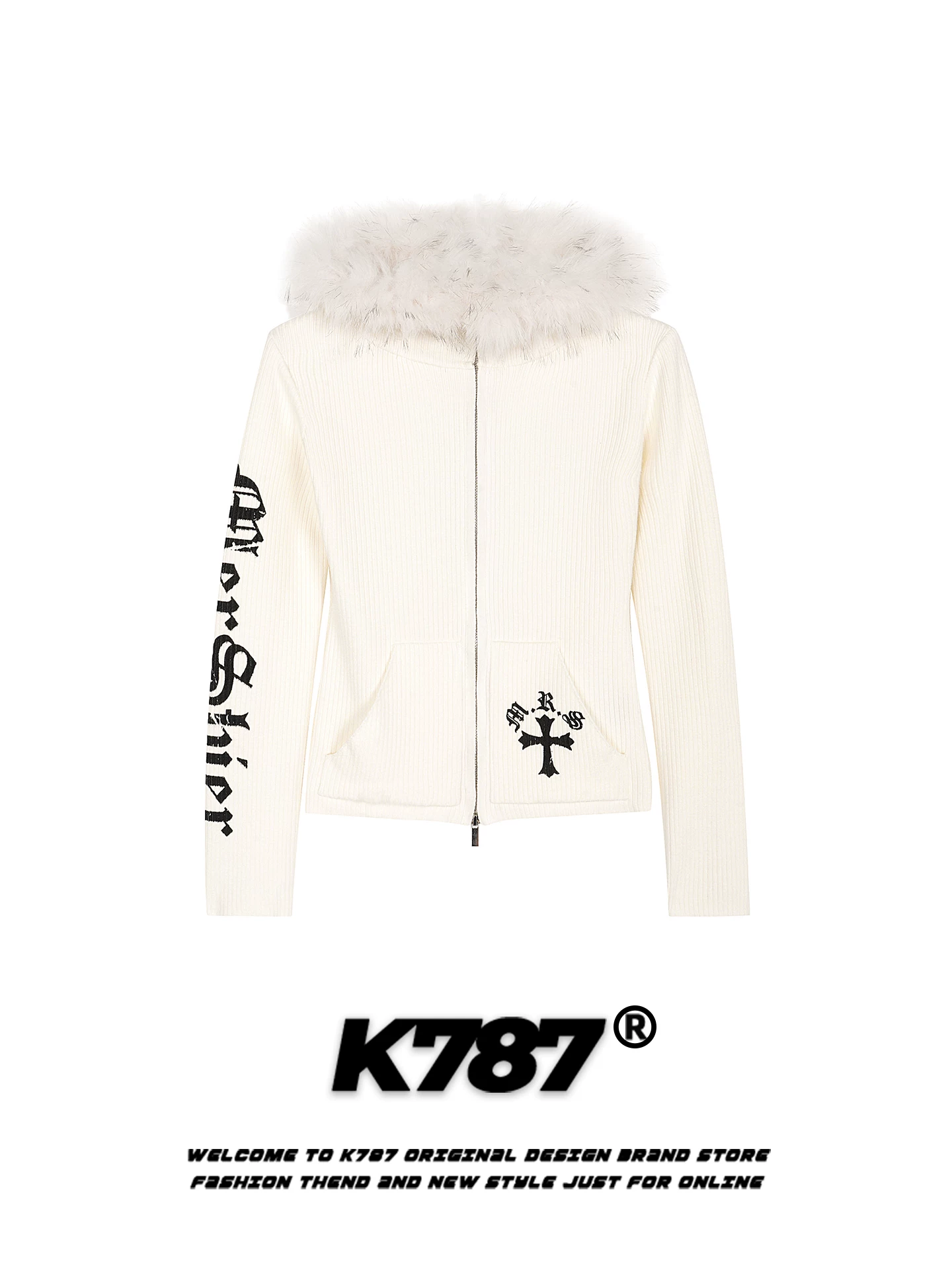 Áo khoác cardigan len ngắn kiểu Mỹ K787, phong cách gothic, cổ lông, có mũ, dành cho nữ, tôn dáng, giữ ấm mùa thu đông