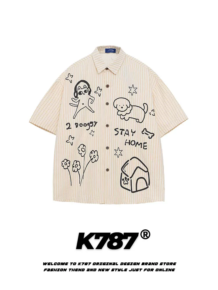 K787 Áo sơ mi ngắn tay phong cách đại học vui nhộn dành cho chó Graffiti Unisex sọc đa năng dáng rộng phong cách lười biếng Áo đôi