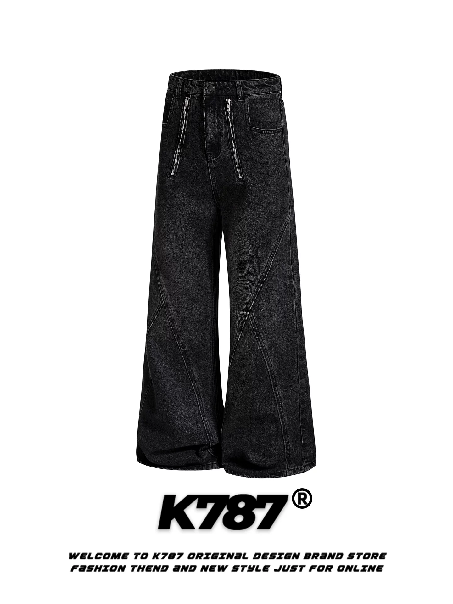 Quần jeans kiểu đường phố Mỹ K787, thiết kế ghép mảnh phá cách, trang trí khóa kéo, dành cho nam và nữ, dáng rộng, cạp cao, ống thẳng, phong cách thường ngày.