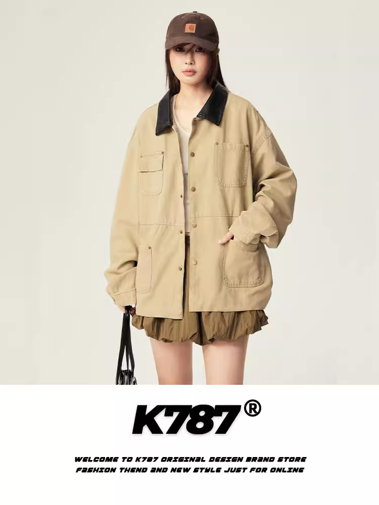 Áo khoác da PU phối màu phong cách retro Mỹ K787, kiểu dáng unisex, nhiều túi, phong cách thợ mộc, áo khoác đôi.