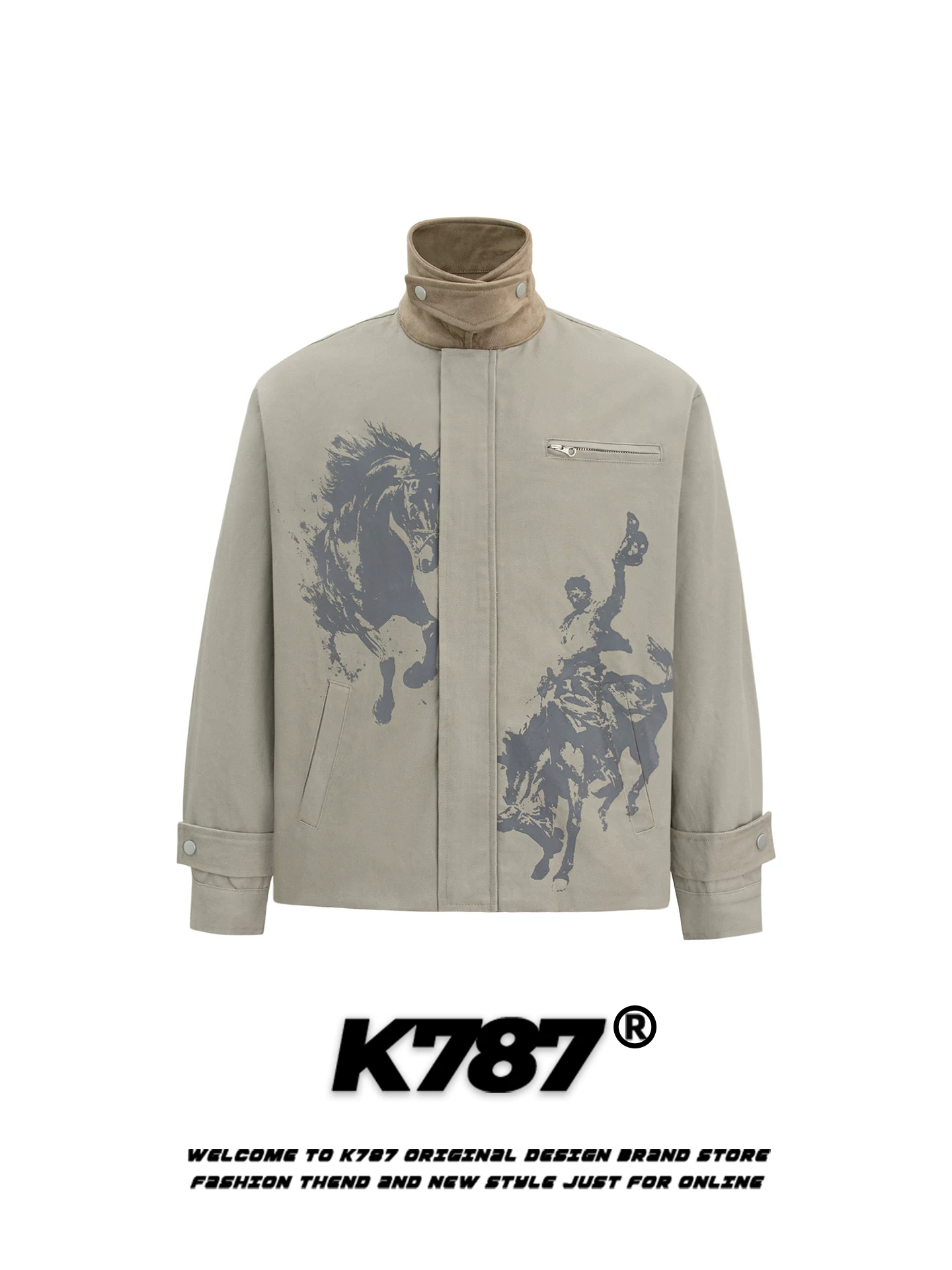 Áo khoác cổ đứng phối màu phong cách retro Mỹ in hình ngựa K787, unisex, thời trang, rộng rãi, phong cách thường ngày, áo khoác cặp đôi, áo khoác công sở