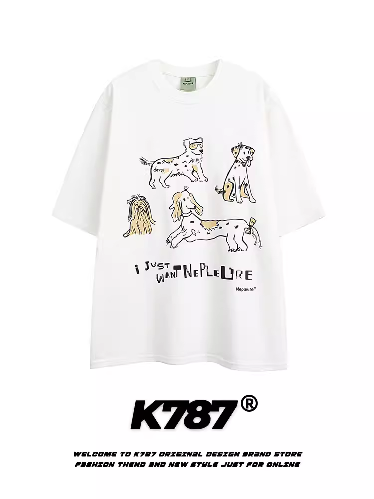 K787 Áo thun ngắn tay phong cách retro vui nhộn theo chủ đề chó của Mỹ dành cho nam và nữ, áo chui đầu cỡ lớn dành cho cặp đôi mùa hè.