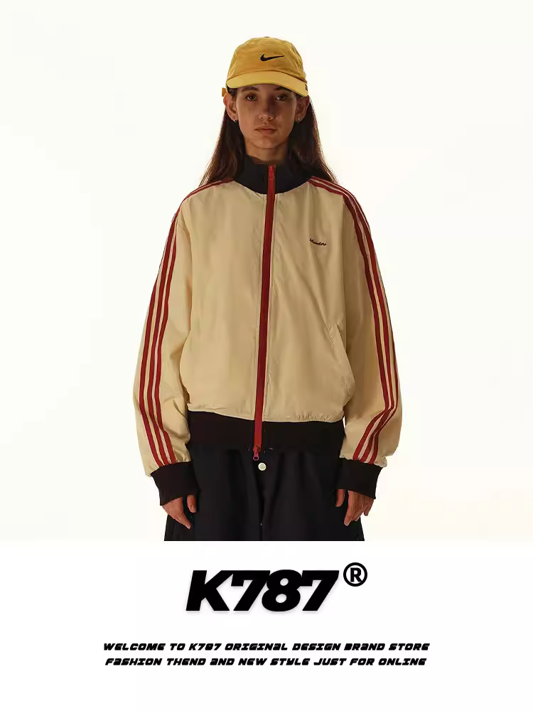Áo khoác nam cổ đứng ba sọc phối màu retro kiểu Mỹ K787, thời trang thể thao ngoài trời, áo khoác ngắn sọc cá tính