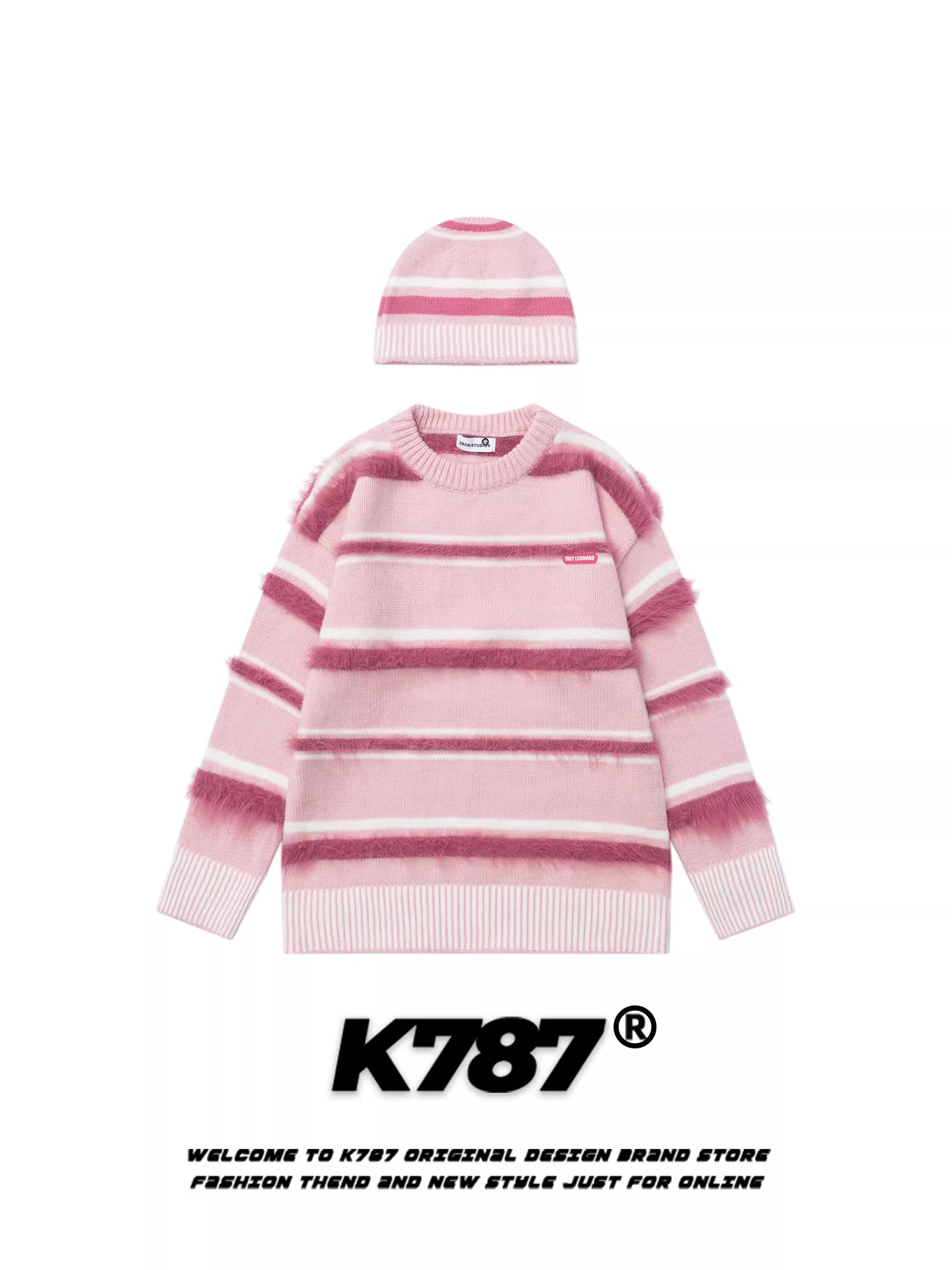 Áo len chui đầu sọc hồng kiểu Mỹ cổ điển K787 dành cho nam và nữ, kiểu dáng rộng rãi, thoải mái, phong cách lười biếng ~ kèm mũ len