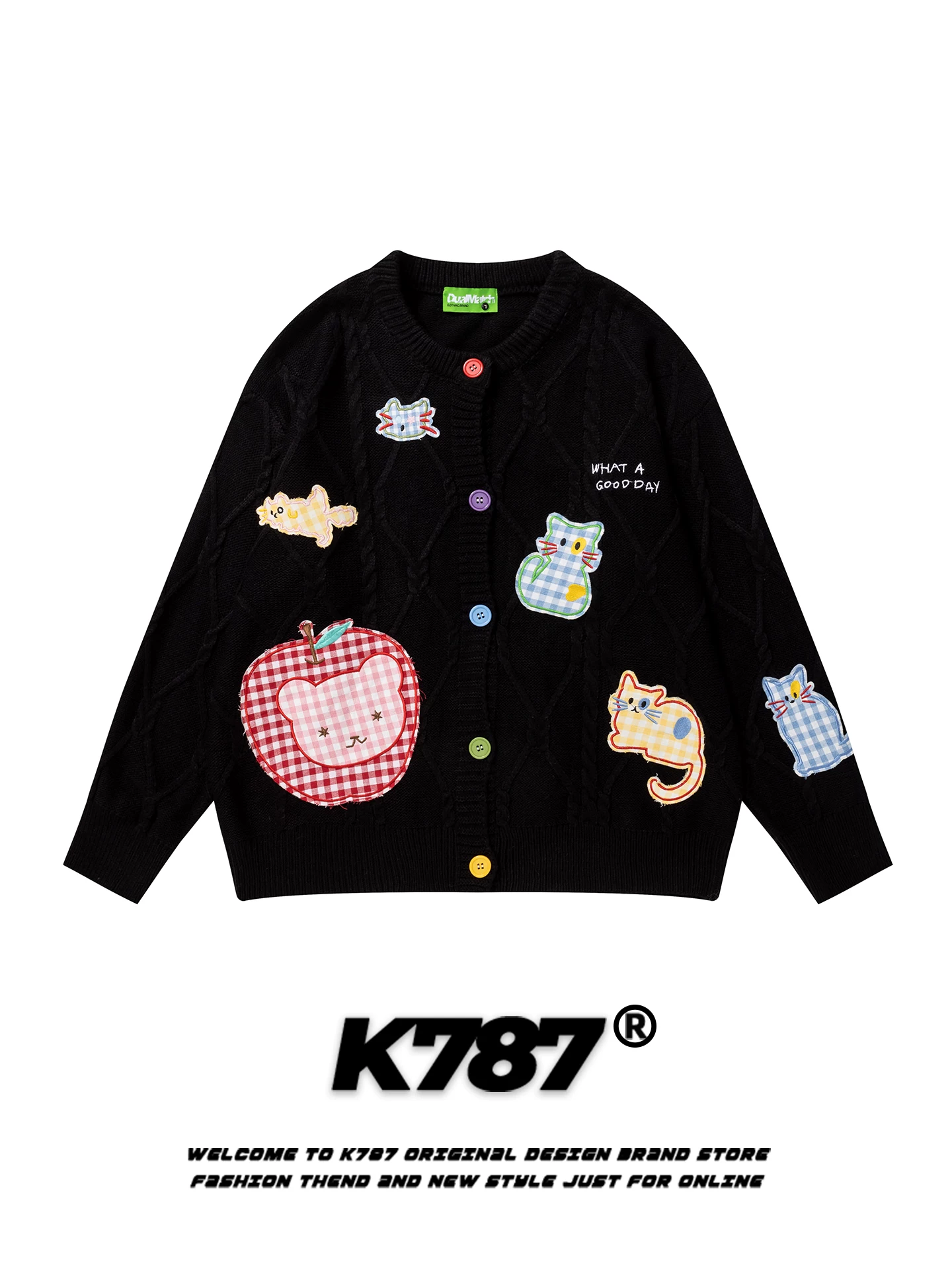 Áo len cardigan thêu hình quả táo cổ điển kiểu Mỹ K787 dành cho nam và nữ, kiểu dáng rộng rãi, thoải mái, phong cách lười biếng, chất liệu len ngắn cho mùa thu.