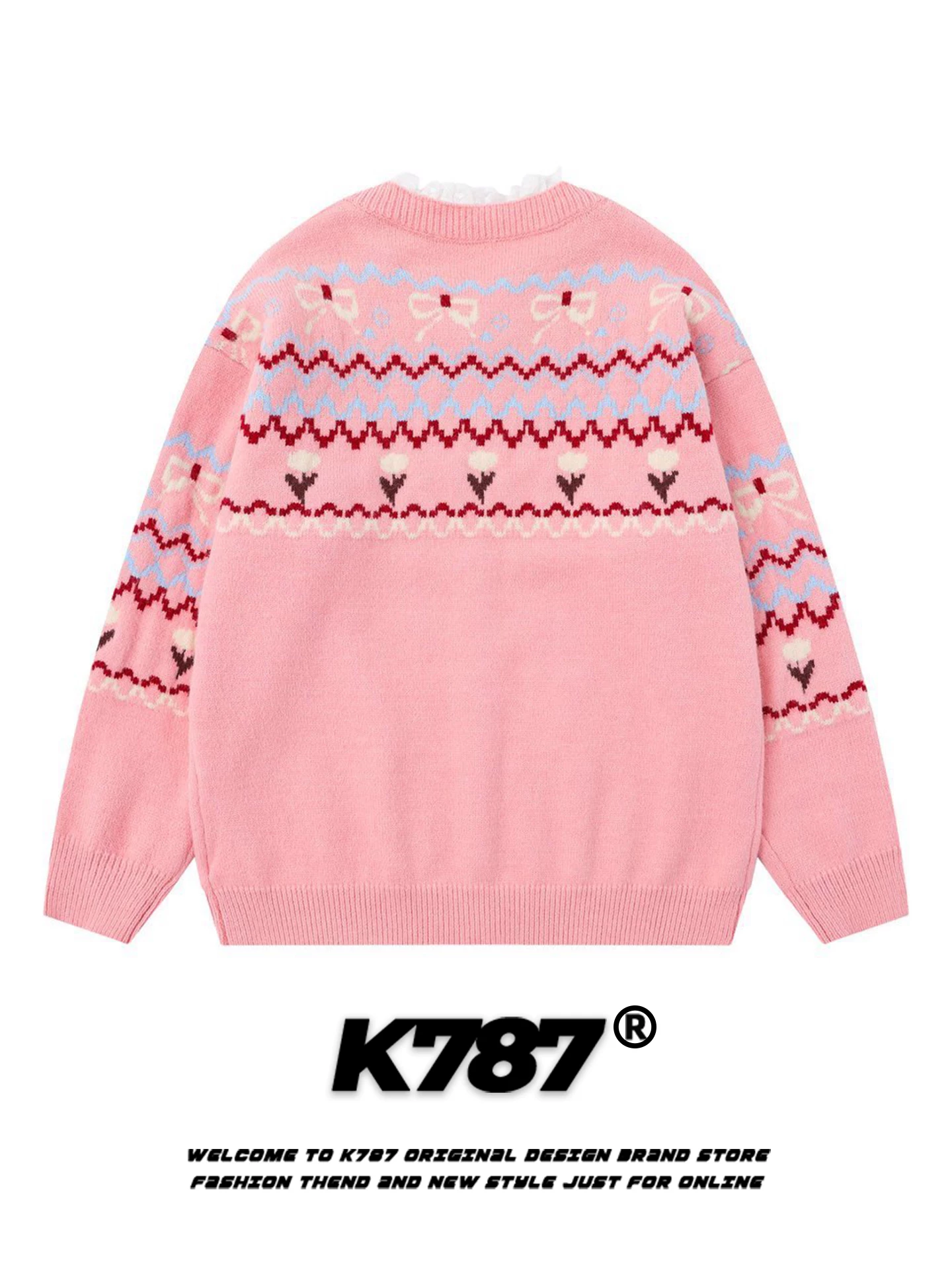 Áo len cardigan jacquard kiểu Mỹ cổ điển K787 dành cho nam và nữ, phối ren rộng rãi, kiểu dáng giản dị màu hồng