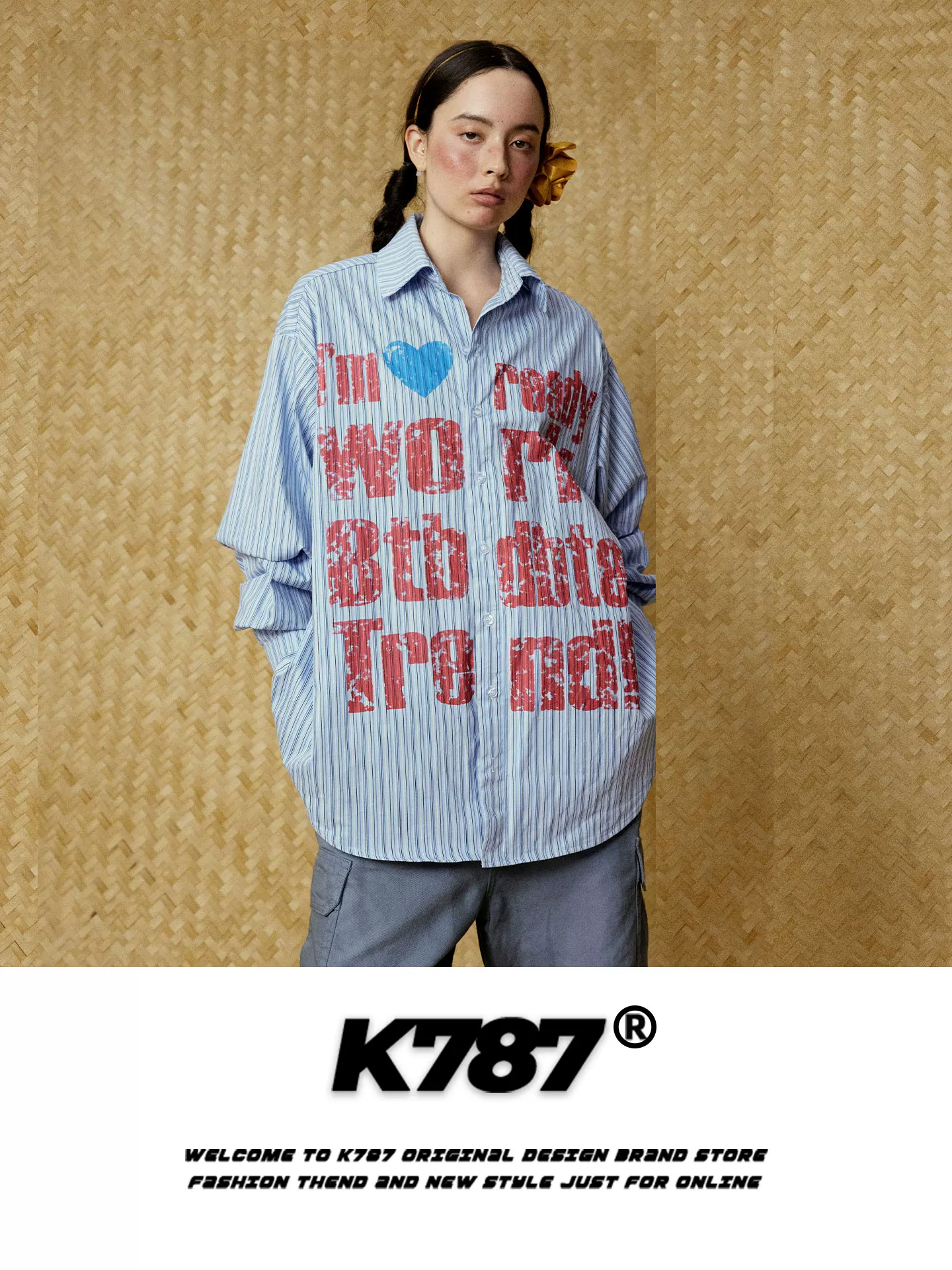 Áo sơ mi dài tay unisex kiểu đường phố Mỹ K787, họa tiết trái tim rách, sọc, thời trang, dáng rộng, áo khoác cặp đôi