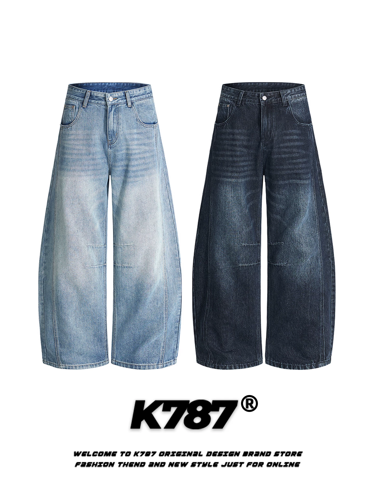 Quần jeans denim kiểu Mỹ cổ điển K787, dáng rộng, cạp cao, ống rộng, đường may lộ, phong cách đường phố, dành cho nam và nữ