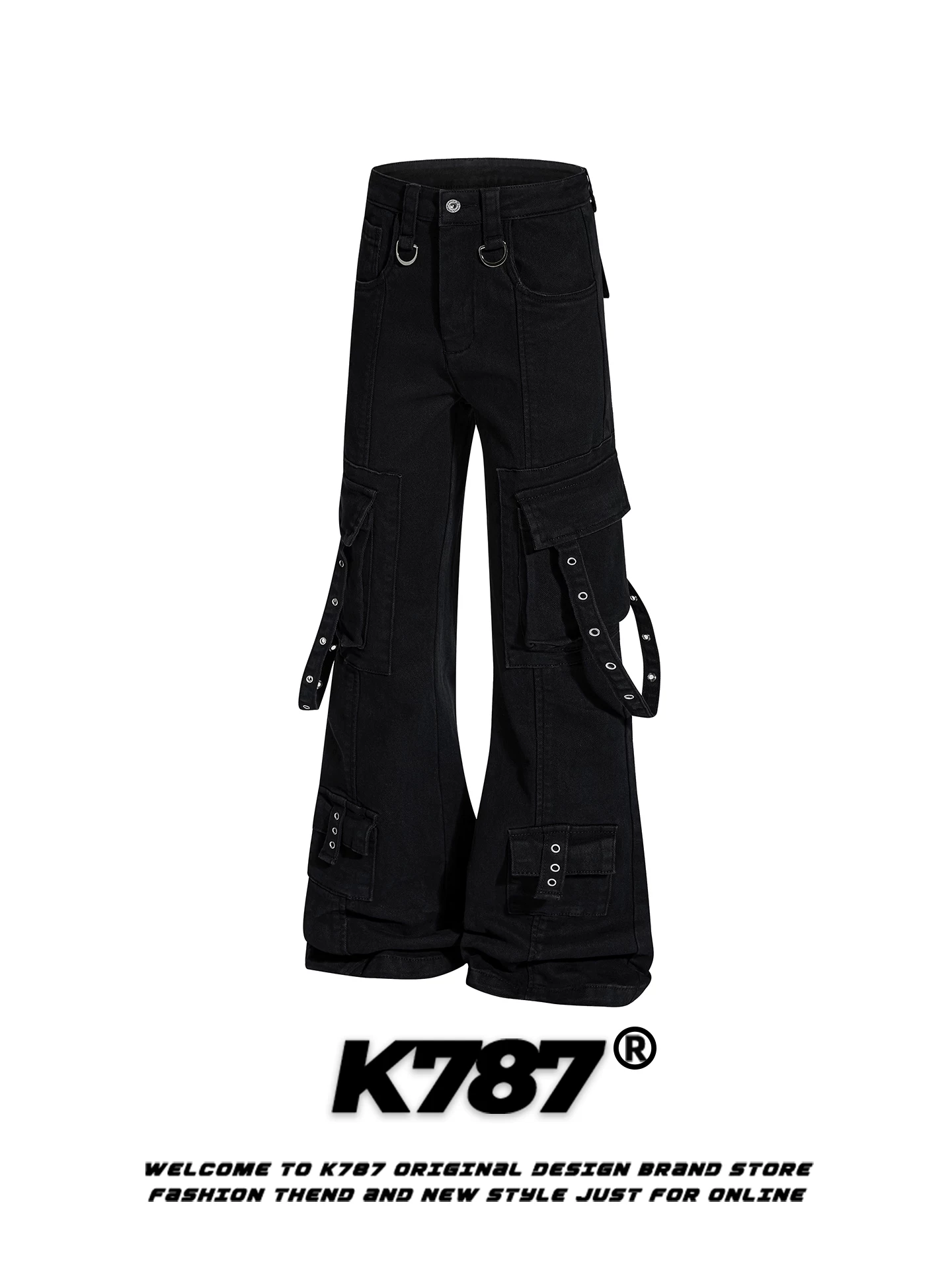Quần jeans ống loe nhiều túi kiểu Mỹ cổ điển K787, unisex, rộng rãi, thời trang, cạp cao, phối nơ, màu đen, quần dài thường ngày