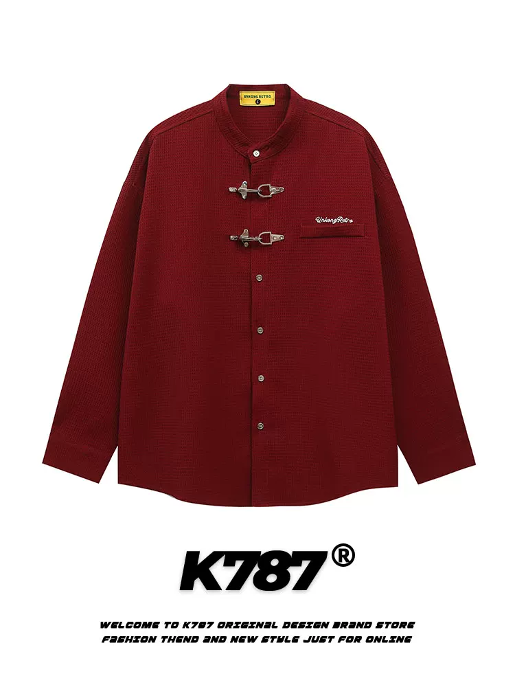 K787 Áo sơ mi dài tay kiểu Trung Quốc kiểu Mỹ cổ điển dành cho nam và nữ áo khoác cặp đôi màu đỏ cổ điển năm hoàng đạo