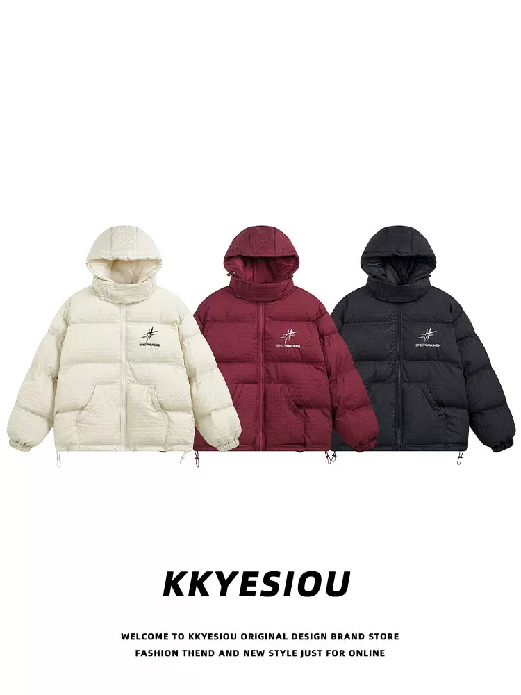 Áo khoác cotton kiểu Mỹ cổ điển màu đỏ đô thời thượng của KKyesiou dành cho nam và nữ, có cổ đứng, áo khoác cotton có mũ mùa đông phong cách đại học