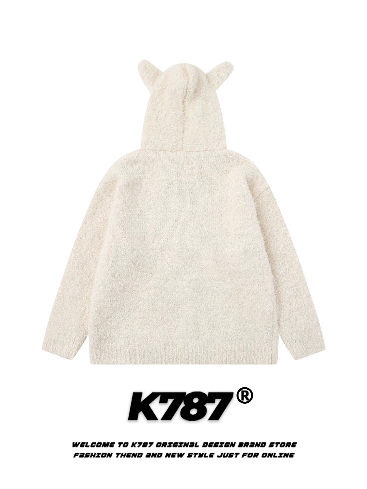 Áo len cardigan có mũ trùm đầu kiểu retro Mỹ K787 dành cho nam và nữ, áo khoác ngắn dáng rộng màu mơ có tai mèo