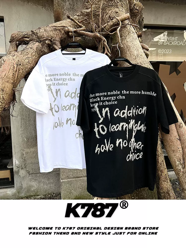 K787 Áo thun ngắn tay phong cách retro Mỹ graffiti unisex cleanfit giản dị theo xu hướng quốc gia áo thun ngắn tay đa năng