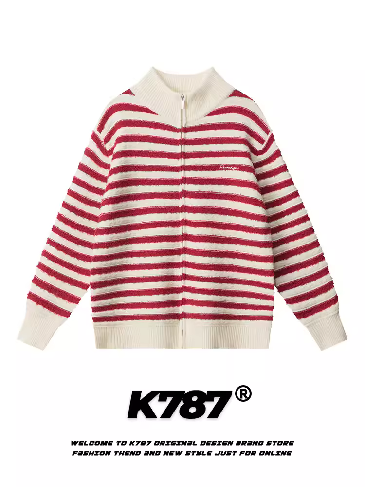 Áo len dệt kim kiểu đại học Mỹ cổ điển K787 dành cho nam và nữ, áo khoác len mùa đông 2024 đa năng, kiểu dáng giản dị, có khóa kéo