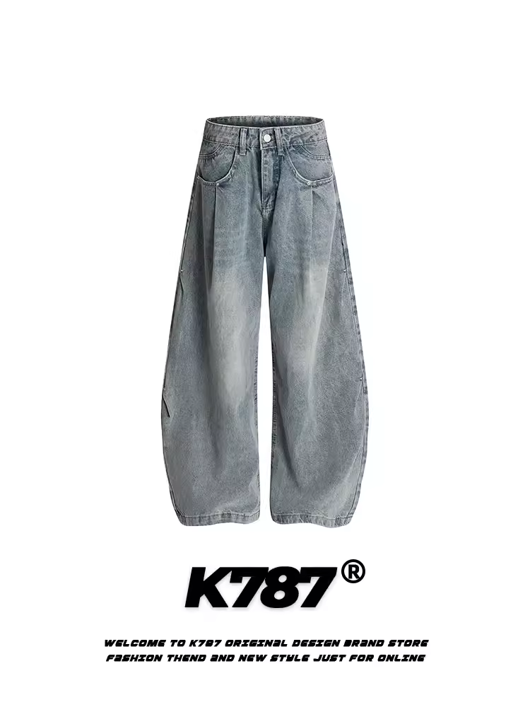 Quần jeans K787 kiểu đường phố Mỹ, chất liệu washed nhăn, cạp cao, dành cho nam và nữ, quần ống rộng xu hướng thời trang, dáng suông thoải mái.
