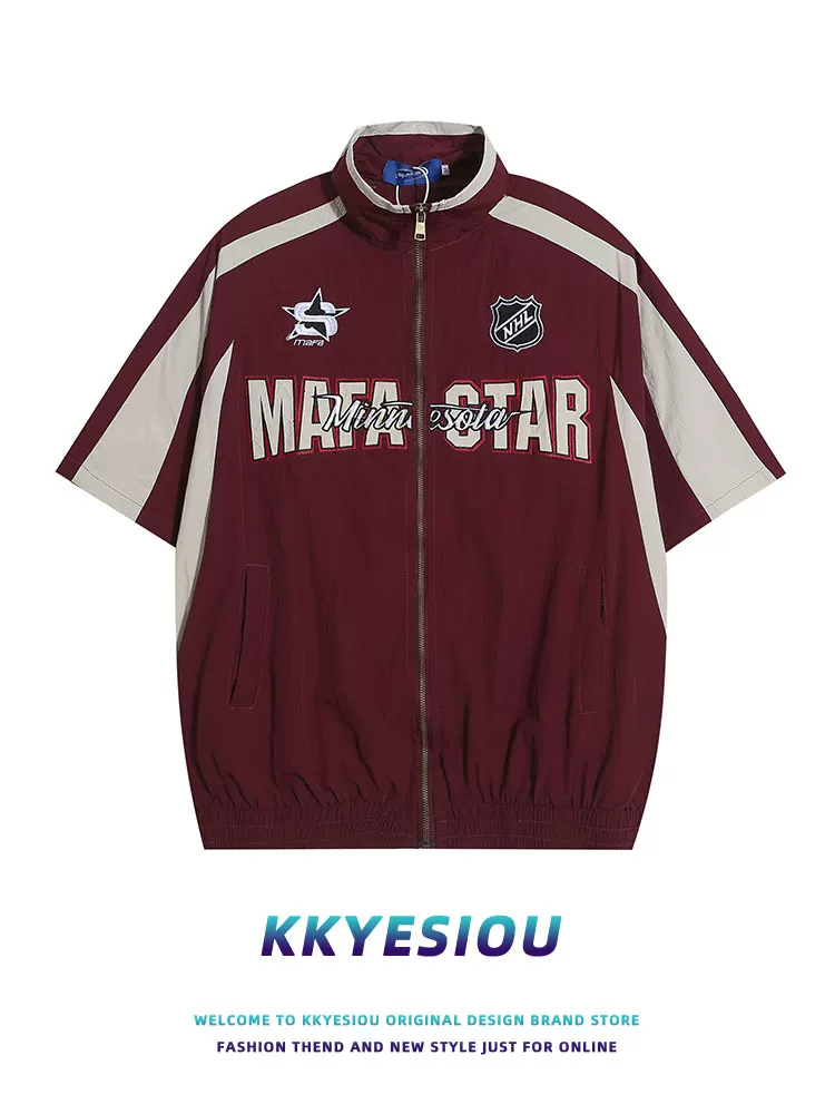 Áo sơ mi ngắn tay cổ đứng kiểu raglan của thương hiệu KKyesiou theo phong cách retro Mỹ dành cho nam có khóa kéo, kiểu dáng chức năng, áo cặp raglan