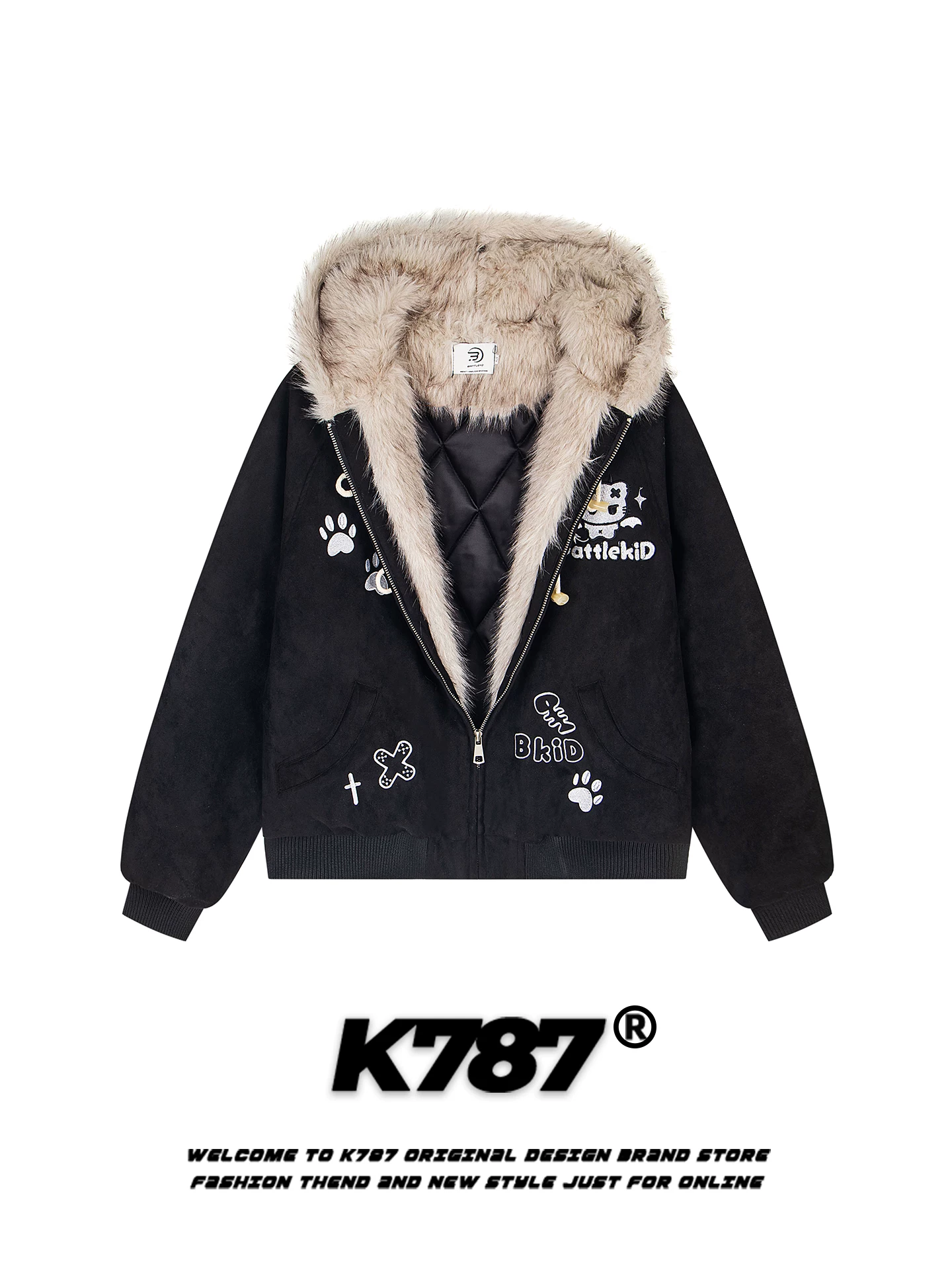 K787 Áo khoác cotton có mũ trùm đầu cổ lông theo xu hướng quốc gia kiểu Mỹ dành cho nam và nữ, dáng rộng, dày dặn, ấm áp, áo khoác cotton màu hồng cho mùa đông.