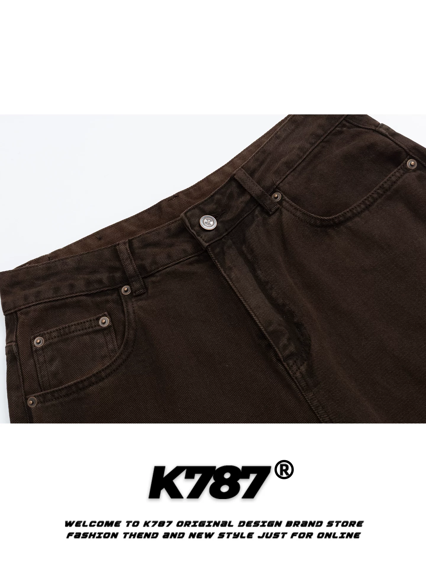 Quần jeans K787 kiểu đường phố Mỹ, màu nâu gỉ, xước, dành cho nam và nữ, thiết kế màu trơn, cạp cao, dáng thẳng, phong cách thường ngày