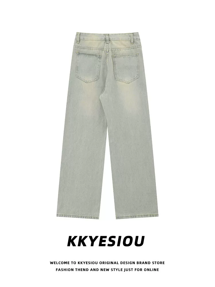 Quần jeans màu vàng đất, kiểu dáng retro Mỹ, thương hiệu KKyesiou, dành cho nam và nữ, cạp cao, phong cách hip-hop, dáng thẳng, chất liệu washed.