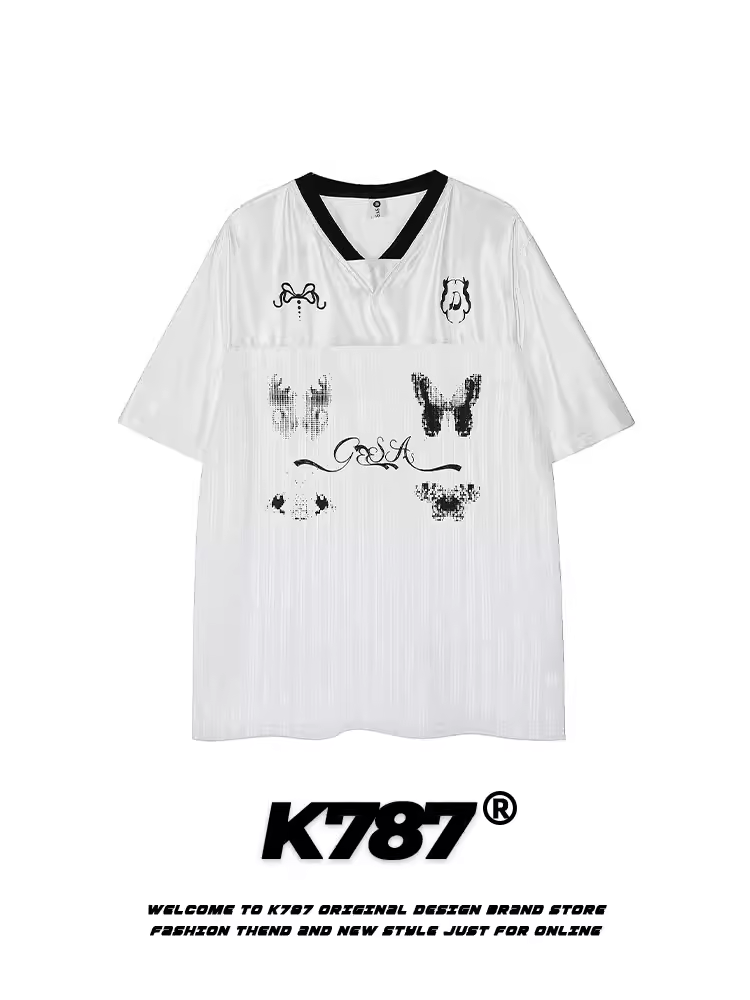 K787 phong cách lười biếng in hình bướm chắp vá jersey nửa tay áo unisex blokecore áo thun ngắn tay cổ chữ V dáng rộng mùa hè