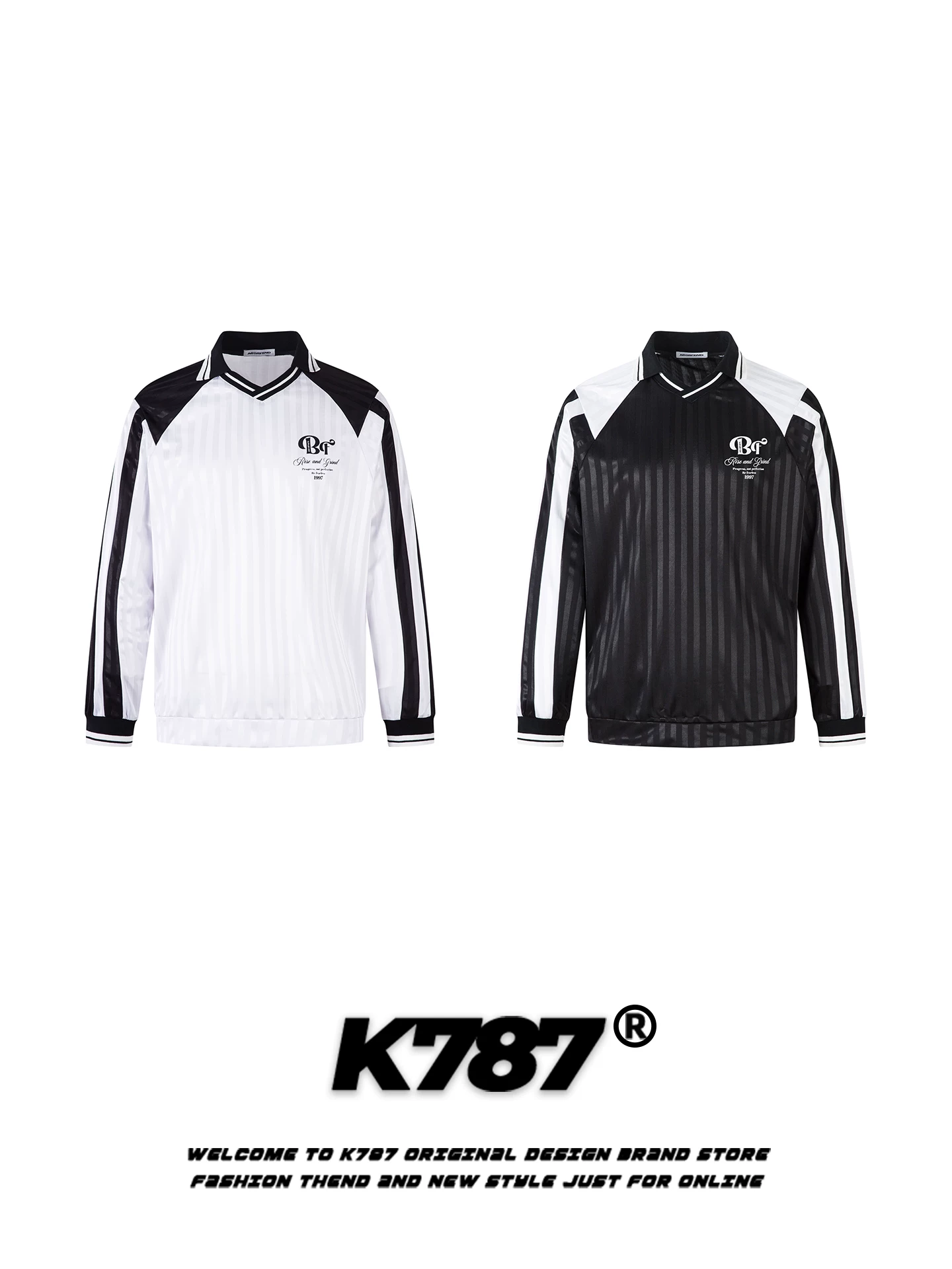 K787 Áo thun dài tay có cổ sọc dọc theo phong cách retro của Mỹ unisex phong cách thể thao jersey màu khối áo đôi dáng rộng