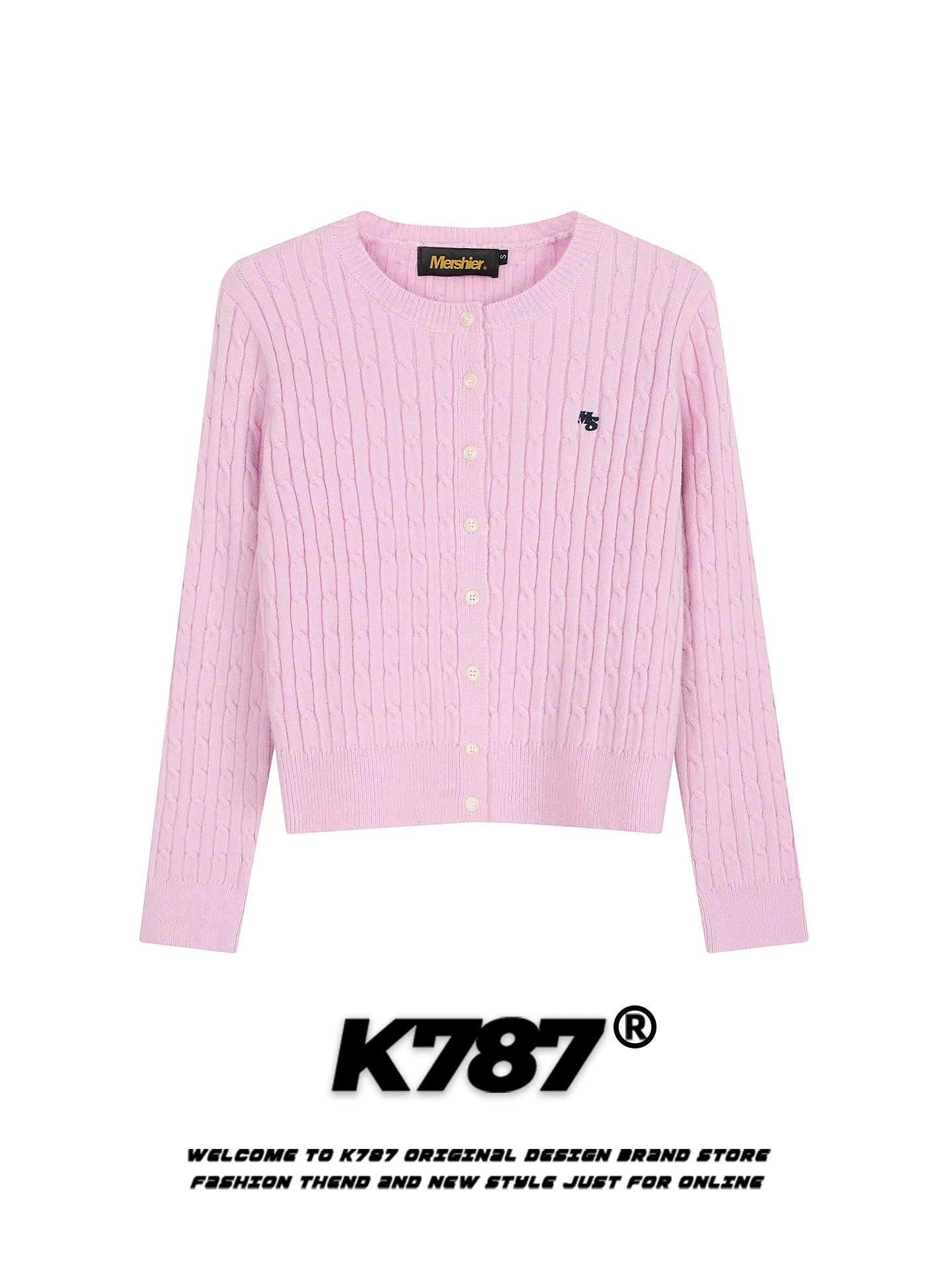 Áo len cardigan cổ tròn dệt kim màu hồng kiểu Mỹ K787 dành cho nữ, dáng ôm, phong cách dễ thương, áo khoác len ngắn