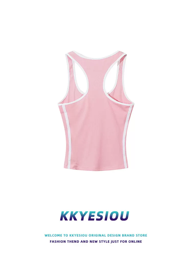Áo ba lỗ ngắn kiểu racerback màu hồng Hawaii của KKyesiou, áo thun nữ cao cấp, không tay, sọc, kiểu dáng ôm sát.