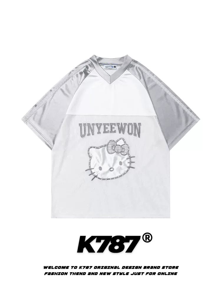 K787 Áo thun ngắn tay phối ren phong cách retro Mỹ dành cho nam và nữ, áo đôi dáng rộng đa năng Hello Kitty dành cho mùa hè.