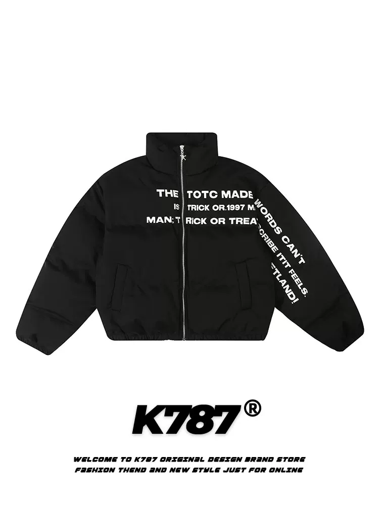 Áo khoác cotton ngắn dày có đệm in chữ cổ điển kiểu Mỹ K787 dành cho nam và nữ, áo khoác cotton kiểu dáng chức năng dành cho cặp đôi.