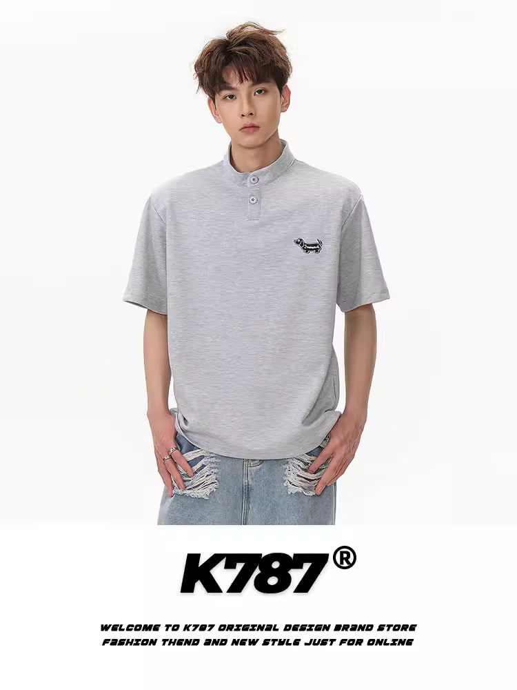 K787 Áo thun ngắn tay cổ đứng thêu dachshund cổ điển kiểu Mỹ unisex đa năng dáng rộng cặp đôi áo thun nửa tay