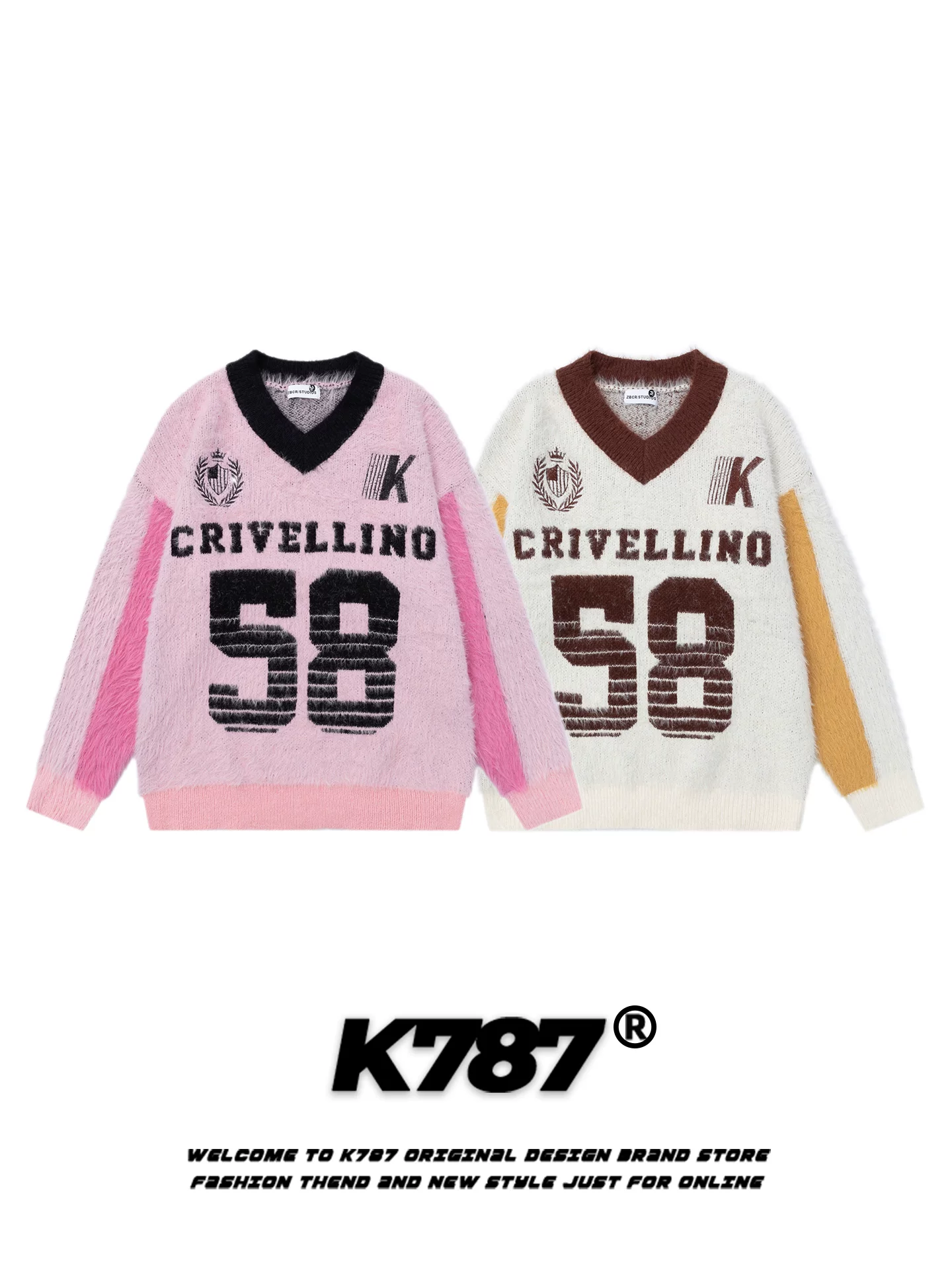 K787 Áo len cổ chữ V hai tông màu cổ điển của Mỹ unisex phong cách áo thể thao dáng rộng áo thun giản dị dành cho cặp đôi hàng dệt kim
