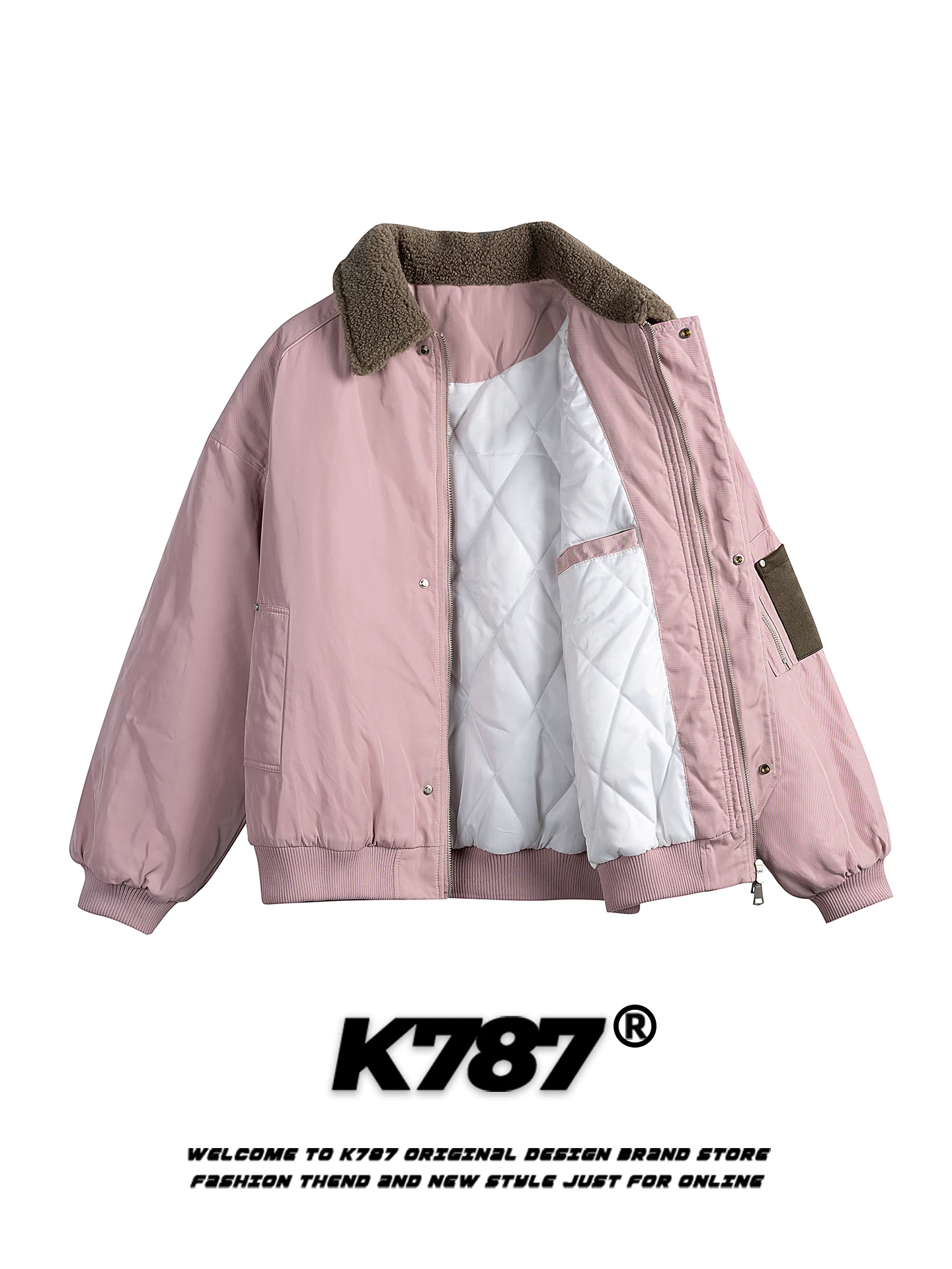Áo khoác da dày phối lông cổ kiểu Mỹ cổ điển K787 màu hồng, chất liệu cotton dành cho nam và nữ, áo khoác cotton giữ ấm kiểu phi công, áo khoác đôi.