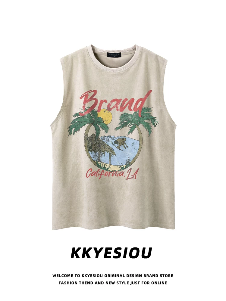 Áo vest in họa tiết phong cách retro Mỹ KKyesiou, chất liệu da lộn, unisex, thời trang, thương hiệu nổi tiếng, áo thun cặp đôi.