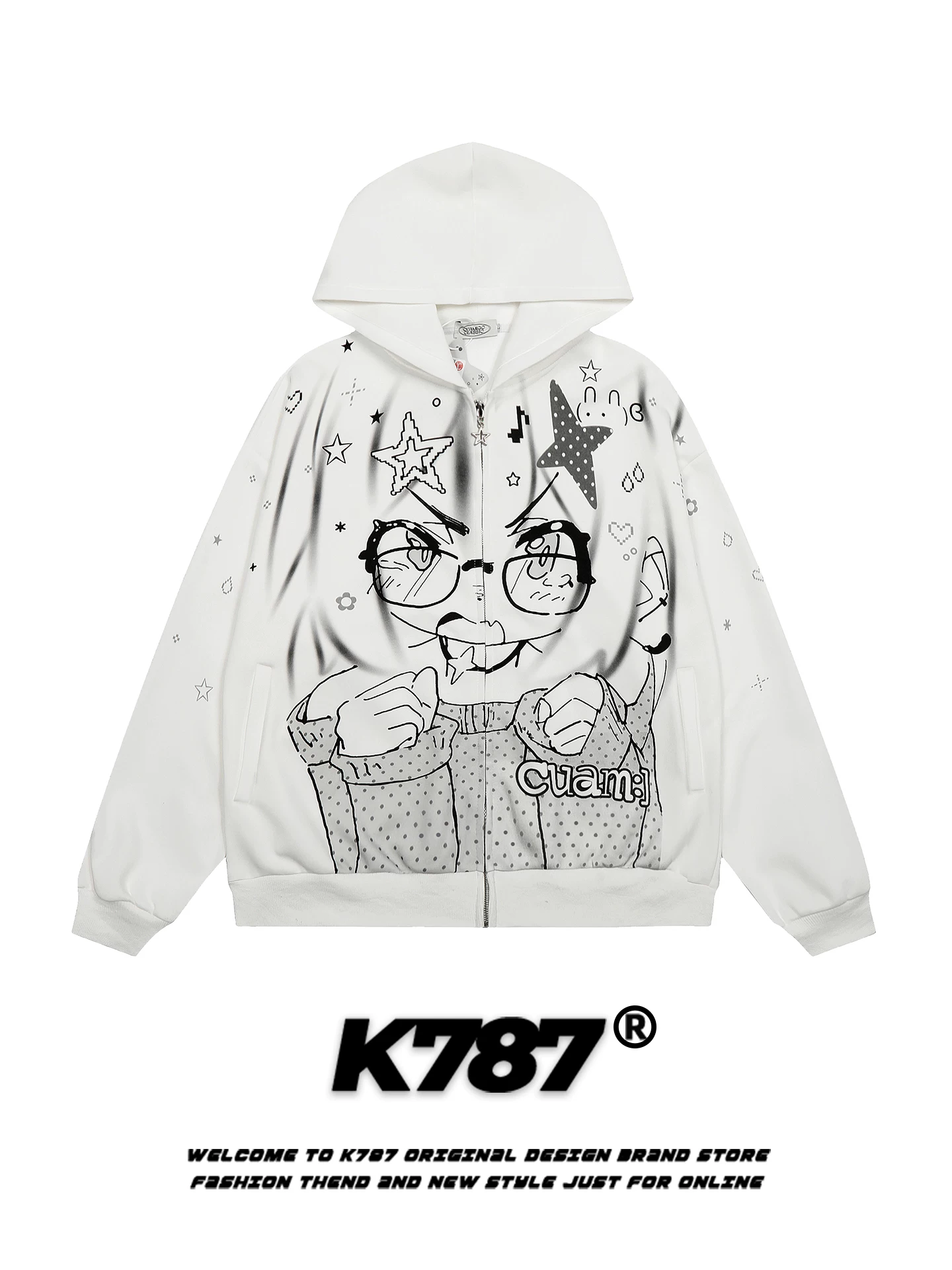 Áo hoodie K787 phong cách đường phố Mỹ dành cho nam và nữ, phong cách anime dễ thương, áo khoác cardigan cặp đôi dáng rộng, phong cách giản dị