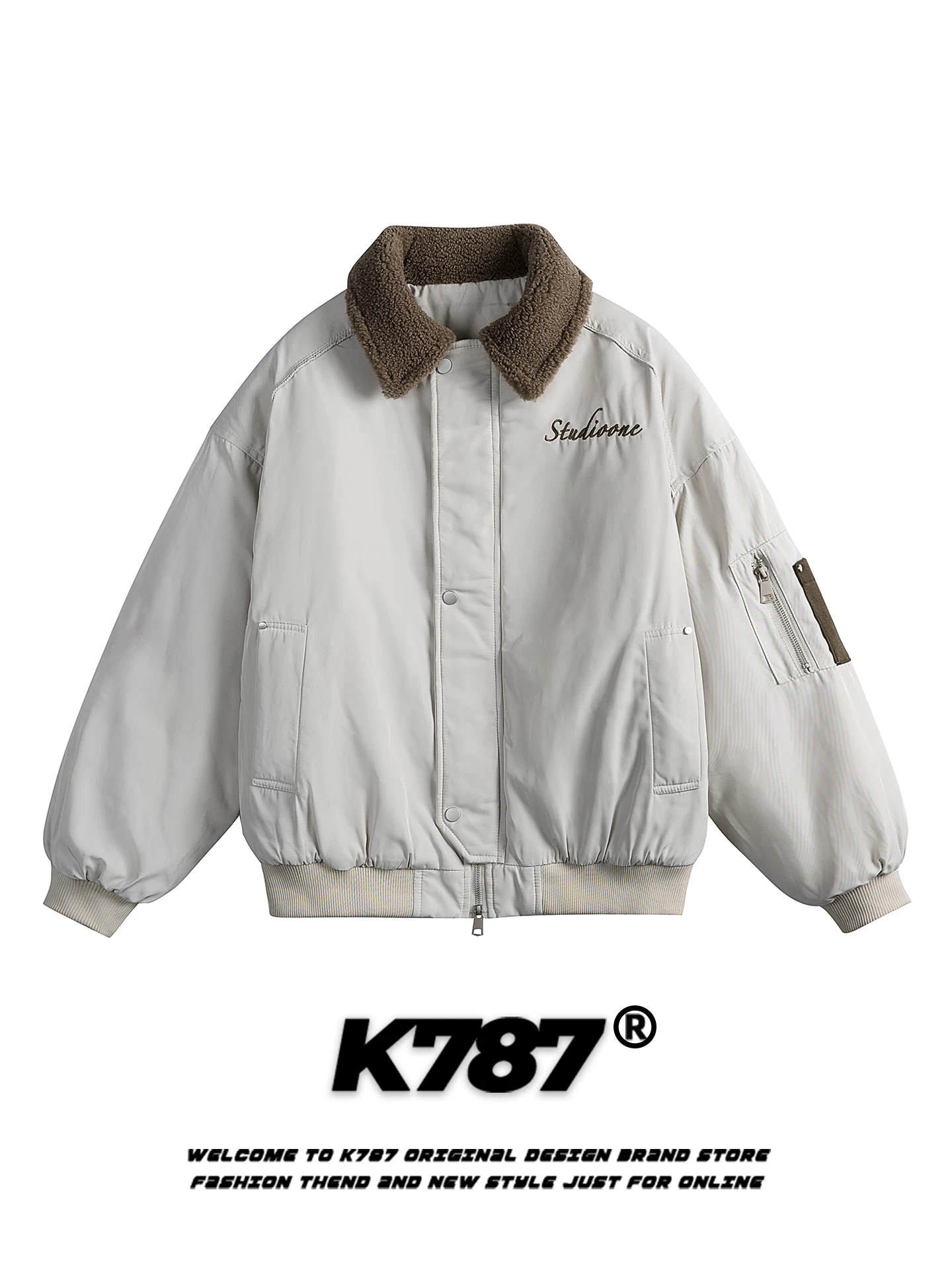 Áo khoác da dày phối lông cổ kiểu Mỹ cổ điển K787 màu hồng, chất liệu cotton dành cho nam và nữ, áo khoác cotton giữ ấm kiểu phi công, áo khoác đôi.