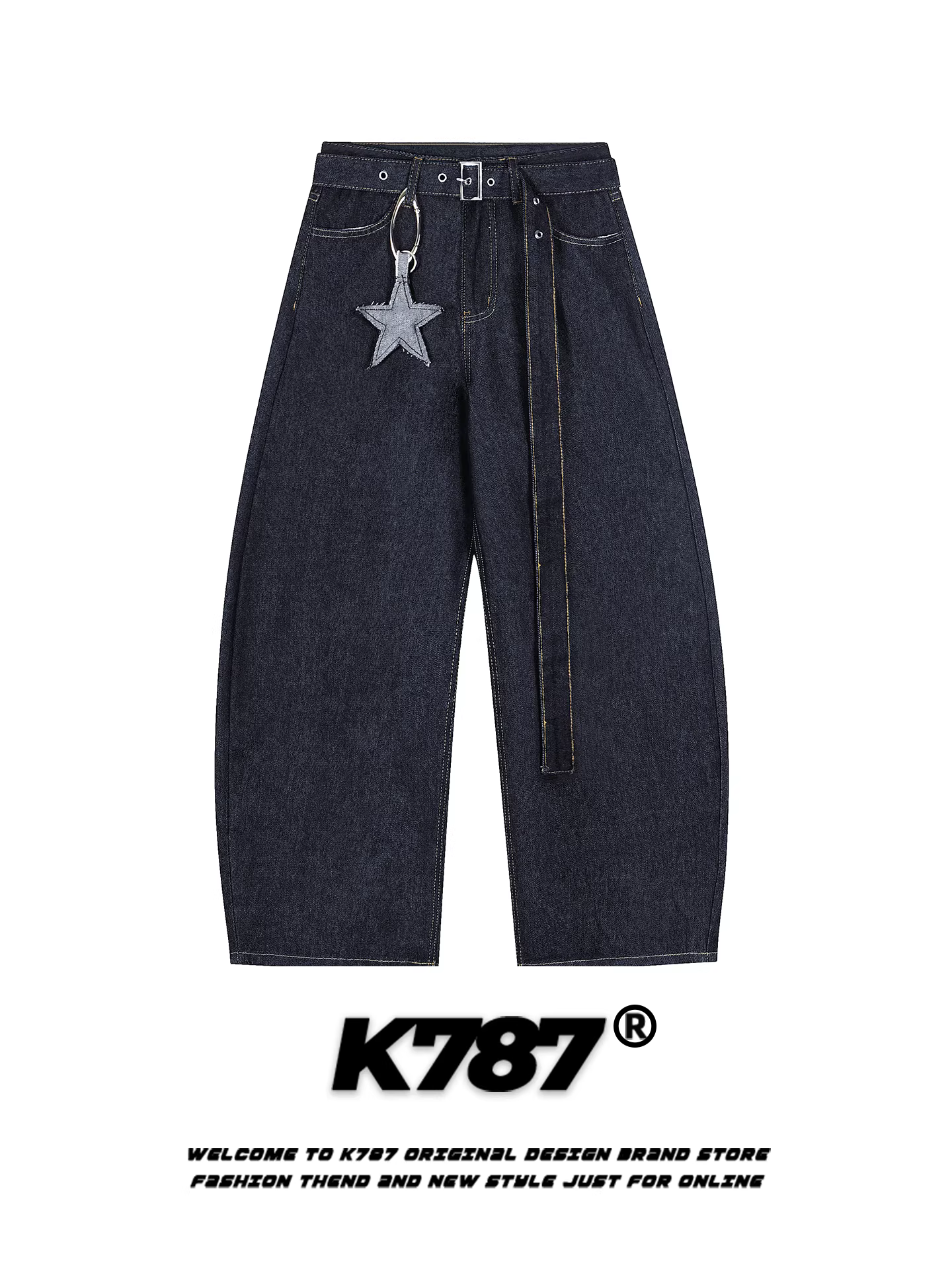 Quần jeans unisex cạp cao dáng rộng phong cách hip-hop, kiểu dáng retro Mỹ, họa tiết sao K787, dáng rộng thoải mái