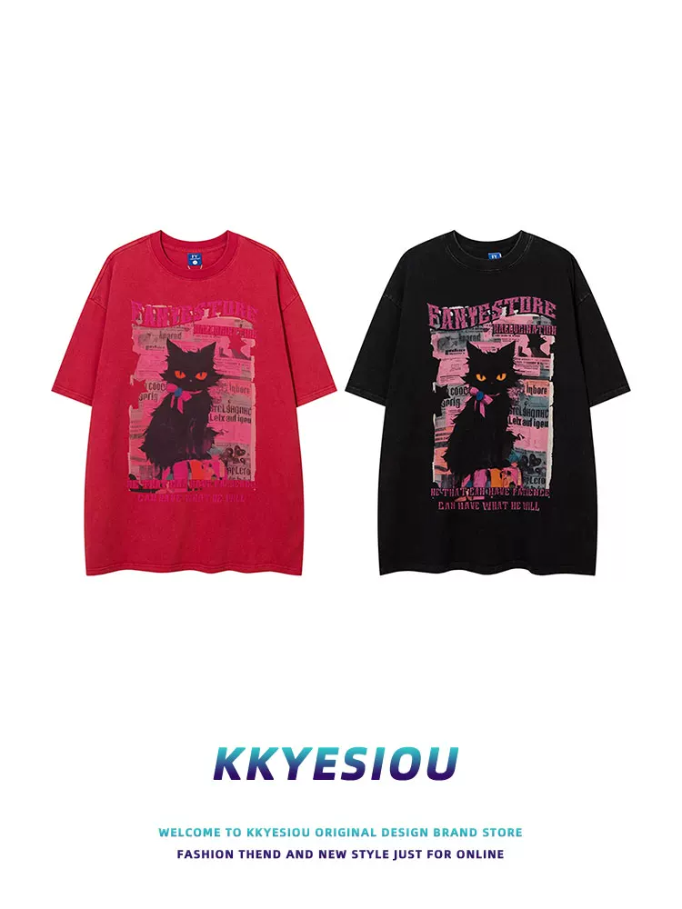 Áo thun ngắn tay thiết kế hip-hop mèo đen cổ điển của Mỹ KKyesiou dành cho nam và nữ áo oversize cặp đôi