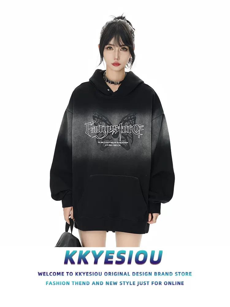Áo hoodie thêu hình bướm phong cách retro Mỹ, unisex, dáng rộng, in họa tiết phun sơn, dành cho cặp đôi