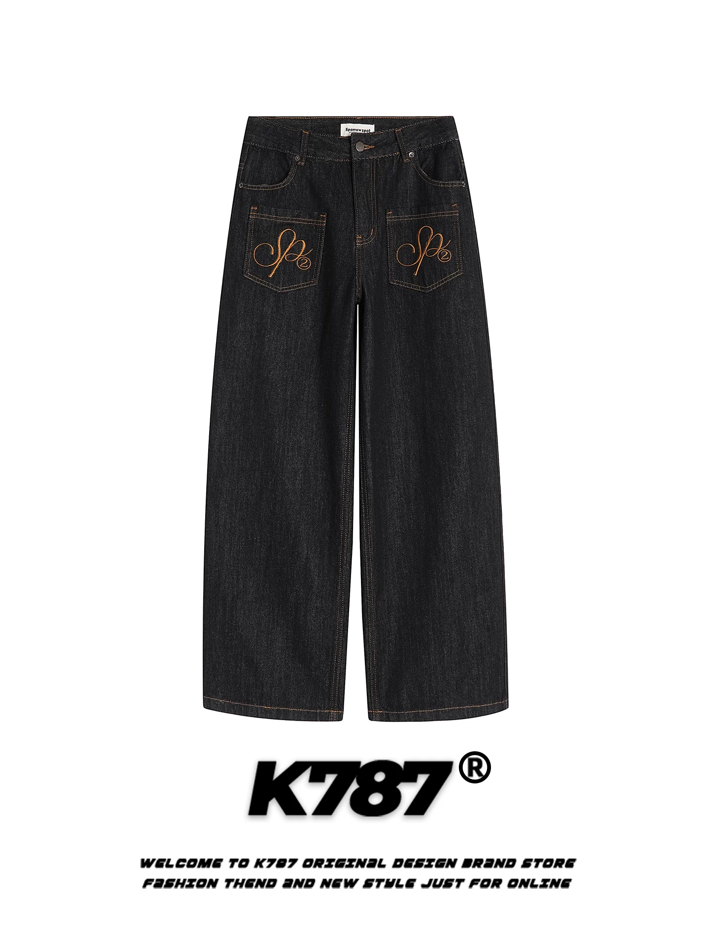 K787 Quần jean màu nguyên bản thêu theo phong cách retro của Mỹ dành cho nam và nữ quần ống đứng dáng rộng đa năng phong cách cổ điển