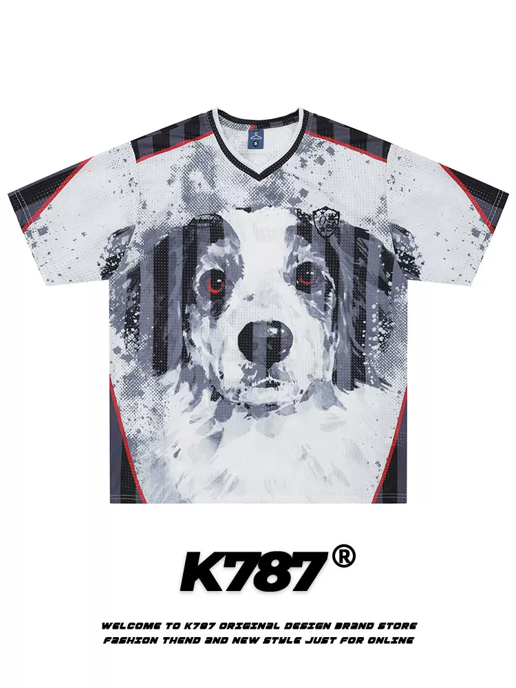K787 Áo thun ngắn tay in hình chú chó cổ điển kiểu Mỹ dành cho nam và nữ áo thể thao oversize dành cho cặp đôi