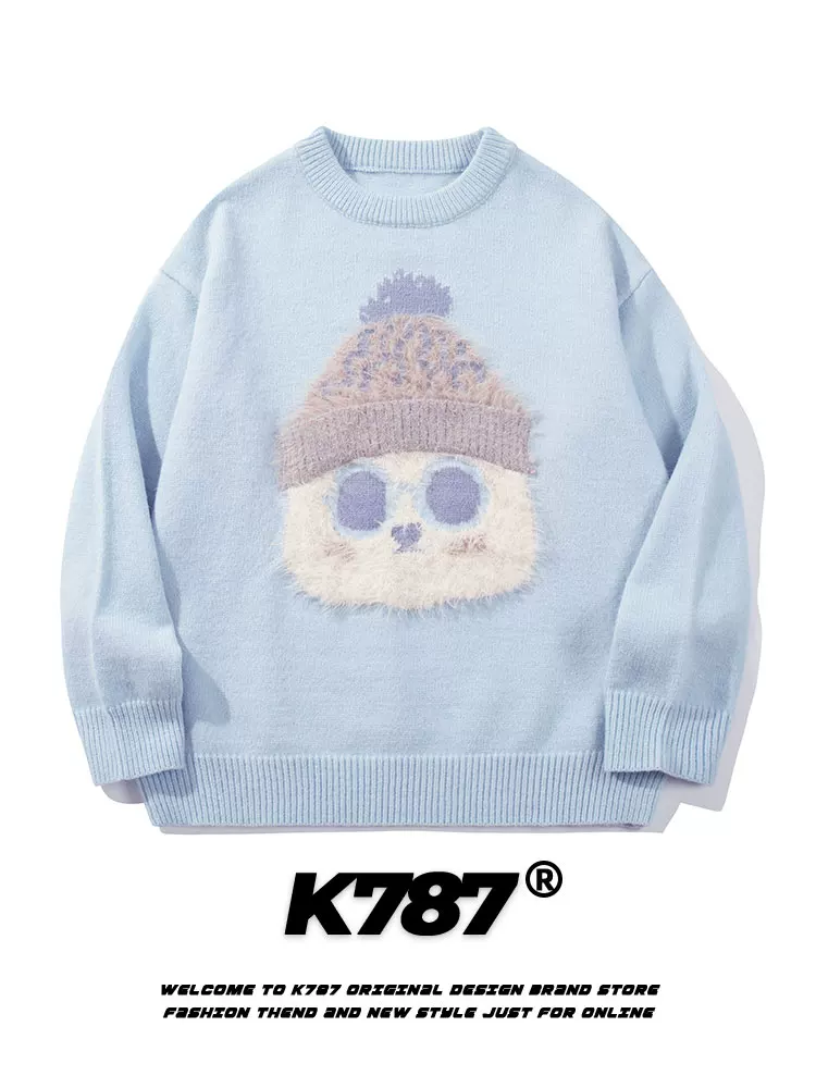 K787 Mũ mùa đông vui nhộn theo phong cách cổ điển Trung Quốc đồ dệt kim hình mèo unisex phong cách đại học áo len thêu áo len cặp đôi