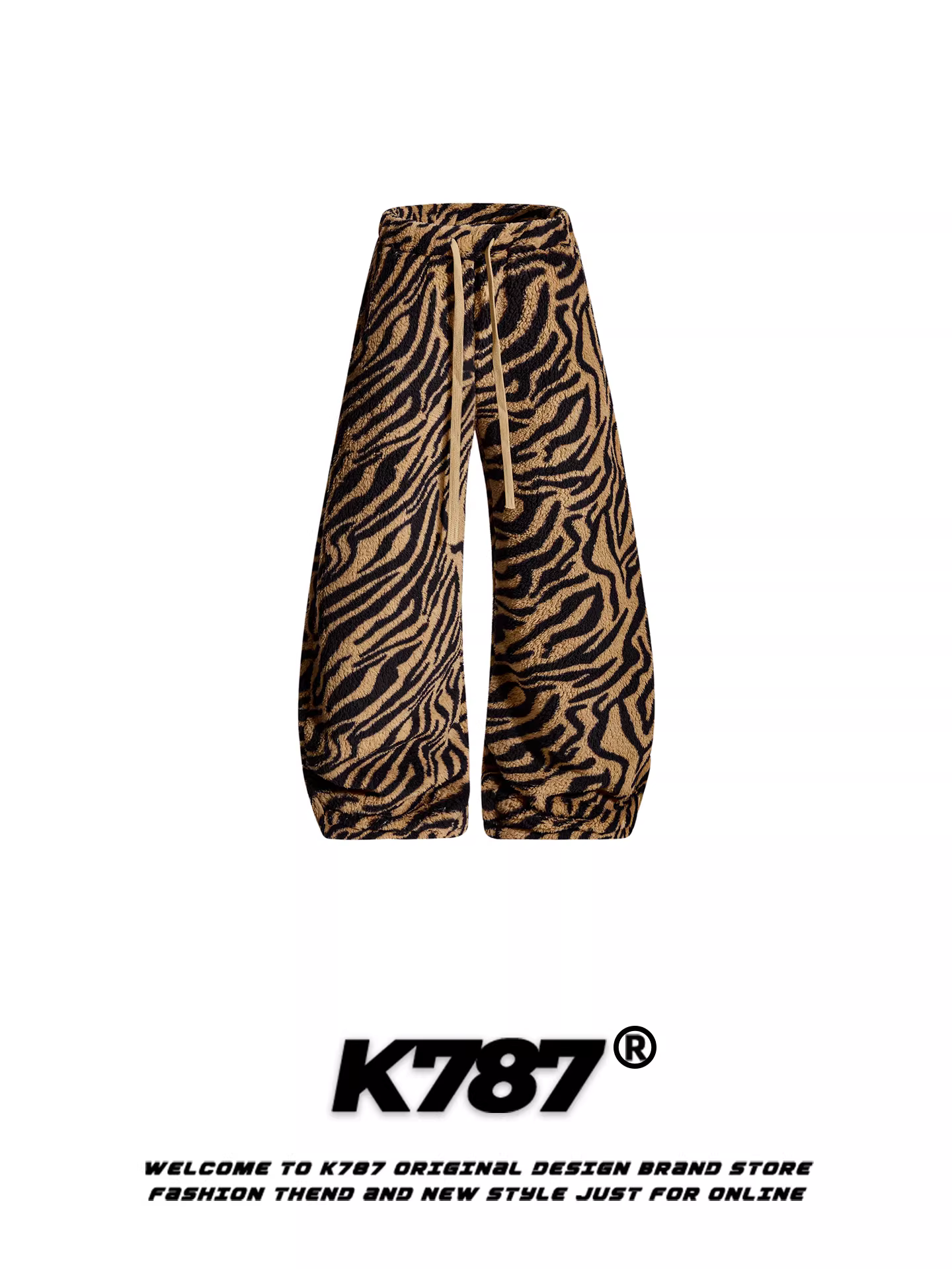 K787 Quần ống cong in họa tiết hổ cổ điển kiểu Mỹ dành cho nam và nữ, có dây rút, ấm áp, giảm béo, thương hiệu hợp thời trang, xếp nếp, quần ống rộng dài đến sàn