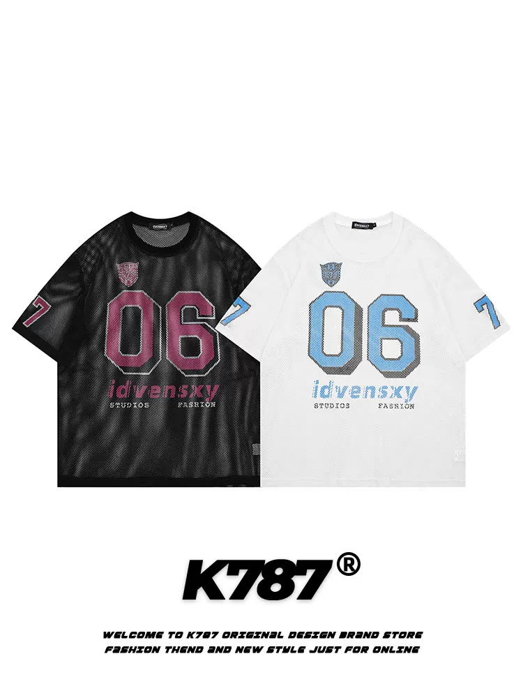 Áo thun jersey in chữ kiểu retro Mỹ K787, tay ngắn, kiểu dáng rộng rãi, thoải mái, thể thao, thoáng khí dành cho nam và nữ