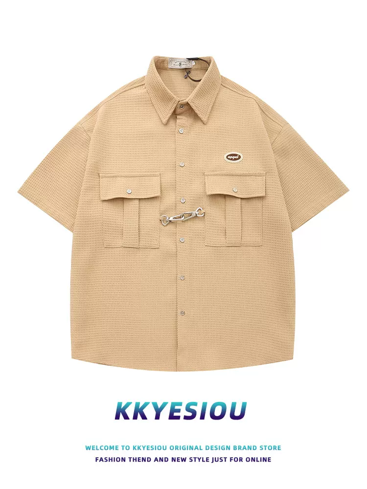 Áo sơ mi ngắn tay KKyesiou phong cách retro hip-hop thời thượng dành cho nam và nữ, áo đa năng phong cách đường phố Mỹ, phong cách đại học.
