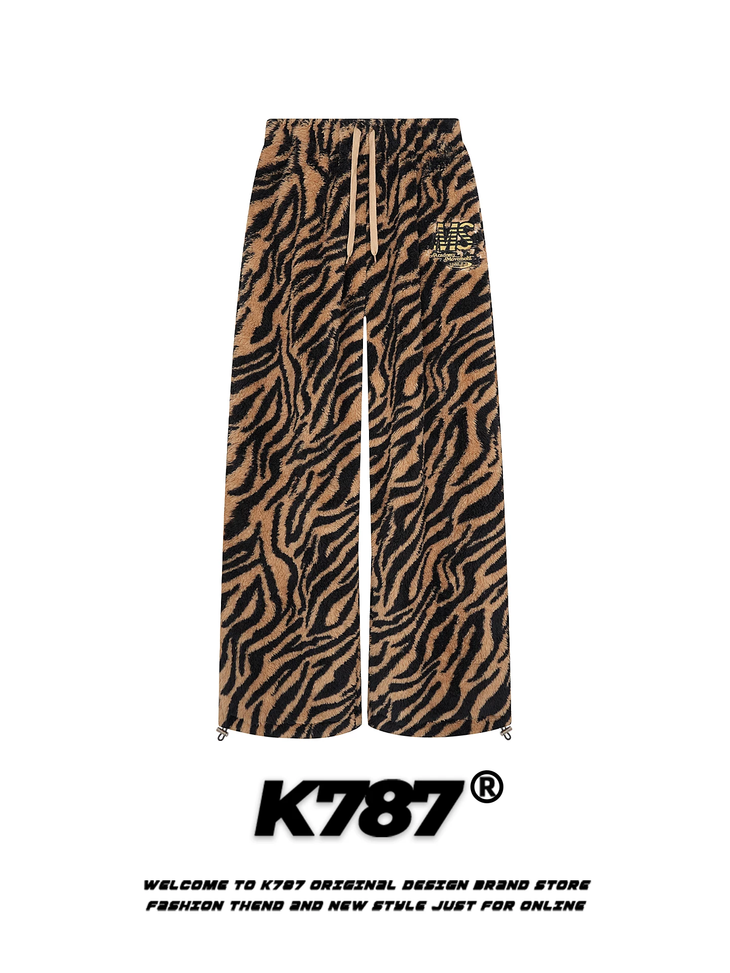 K787 Quần cotton có dây rút in họa tiết hổ cổ điển kiểu Mỹ dành cho nam và nữ, quần ống rộng dài đến sàn ấm áp, ống rộng, kiểu dáng đơn giản