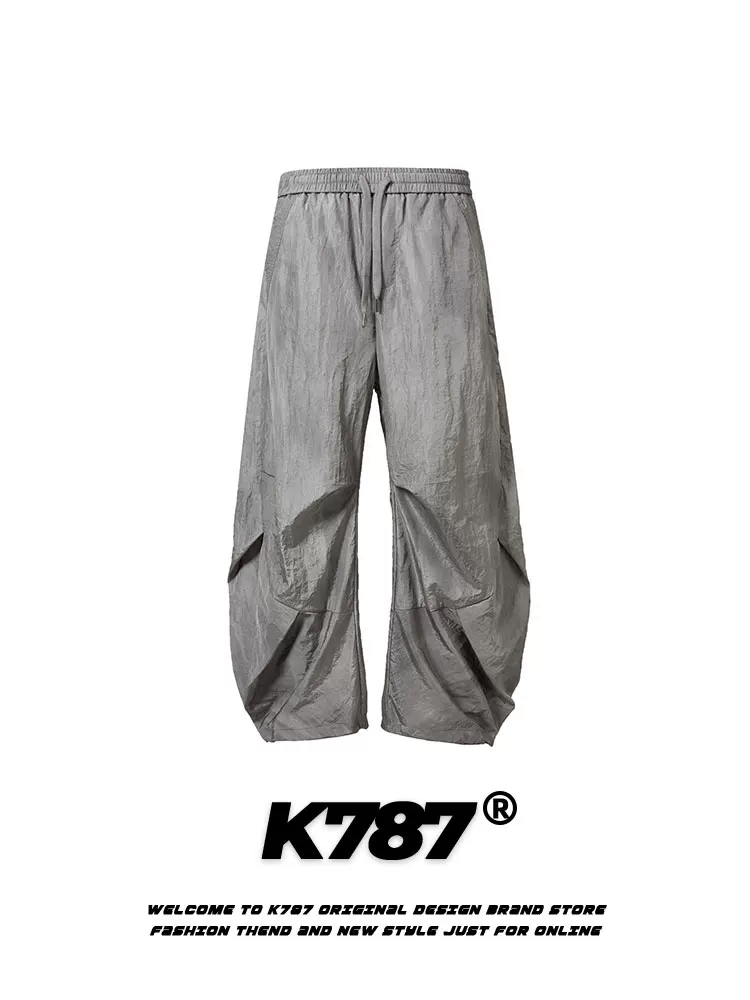 Quần âu nam kiểu dáng túi giấy xếp ly cong phong cách retro Mỹ K787, quần ống rộng dáng suông dây rút phong cách đường phố