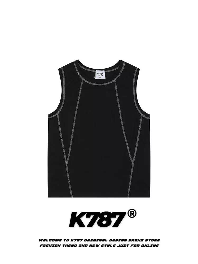 Áo ba lỗ unisex phong cách đường phố retro Mỹ K787, kiểu ghép mảnh, thể thao, đa năng, rộng rãi, thoải mái, không tay, áo lót, áo thun