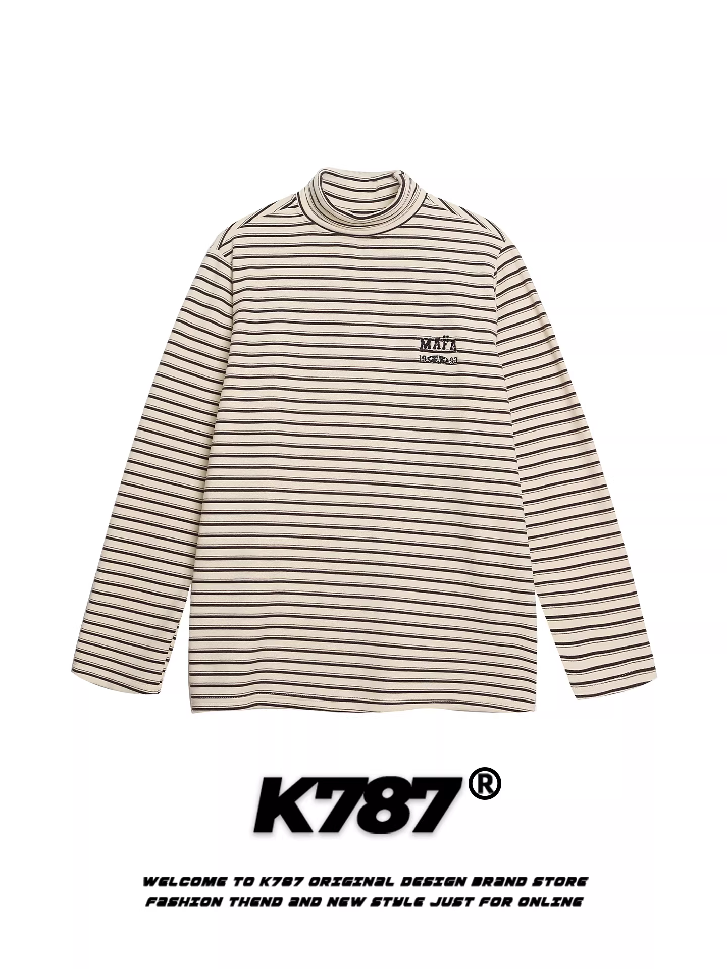 Áo thun dài tay cổ cao nửa cổ kiểu Mỹ cổ điển K787 dành cho nam và nữ, áo thun thêu rộng rãi, đa năng, phong cách thường ngày cho mùa thu.