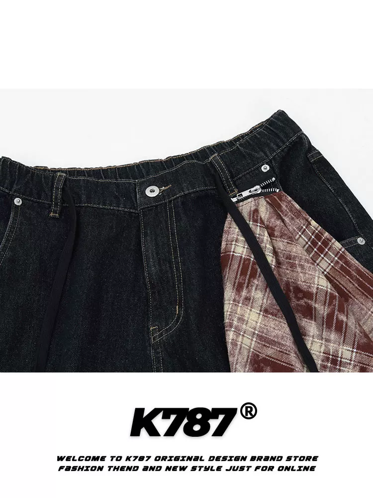 Quần short denim cạp cao unisex phong cách đường phố hip-hop retro Mỹ K787, phối họa tiết, đa năng