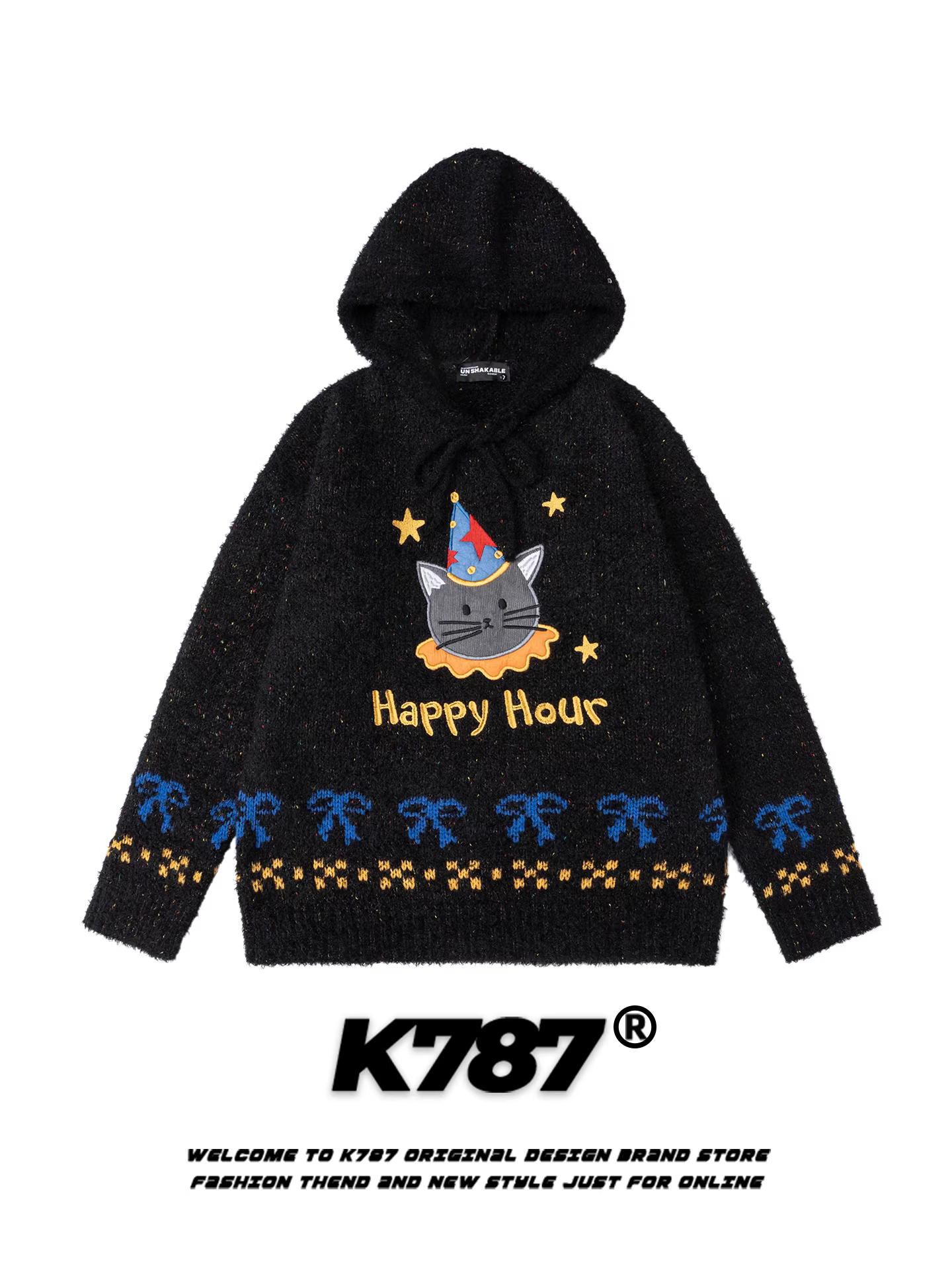 Áo hoodie thêu hình mèo phong cách đường phố Mỹ K787, áo khoác unisex vui nhộn, áo len dệt kim họa tiết sao
